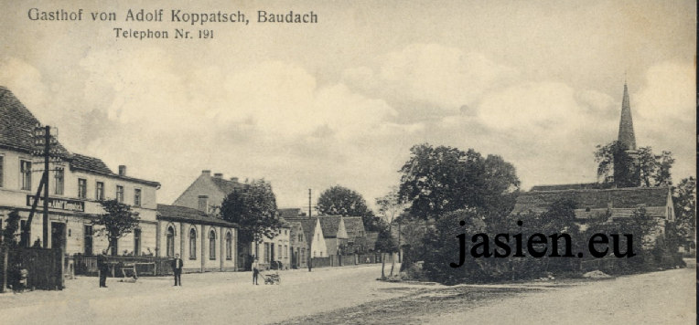 widok na centrum wsi, gospoda, główna droga Jasień - Lubsko, kościół